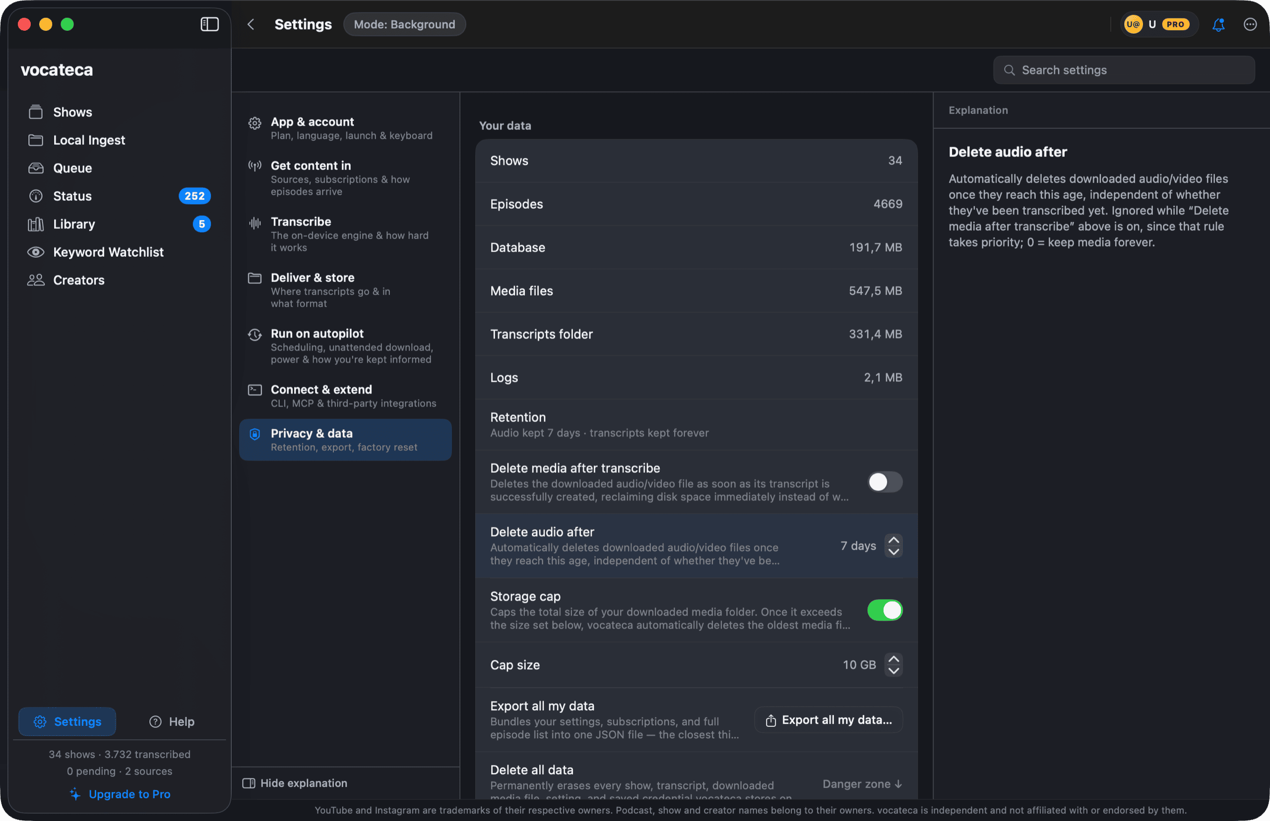 Vocateca privacy settings, showing that all processing happens on the Mac